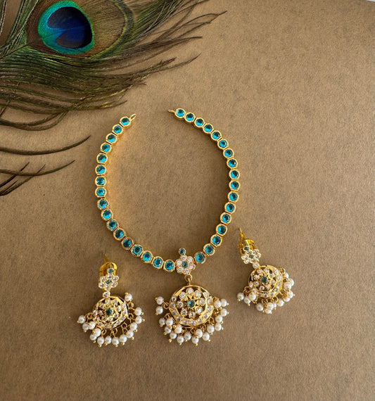 Gold tone AD Cerulean blue south indian style attigai/necklace set dj-51670