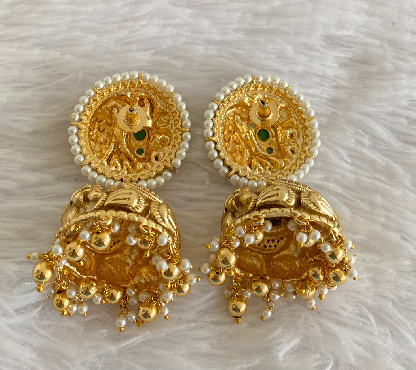 Antique gold tone cz green pearl round big nakshi jhumkka dj-53590