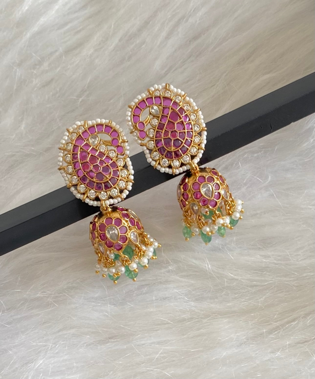 Gold tone kemp-white stone peacock mango green beaded pearl jhumkka dj-54591