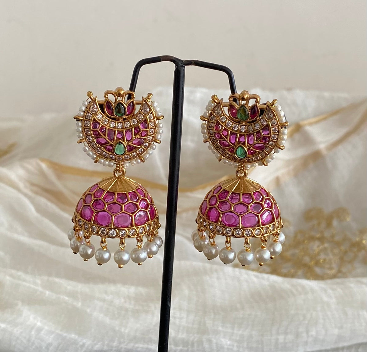 Antique gold tone kemp-green-white stone pearl moon jhumkka dj-55094