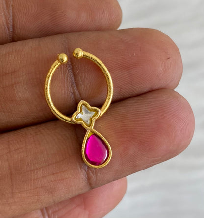 Gold tone kundan jadau white-pink stone nose pin/bulakku dj-53764