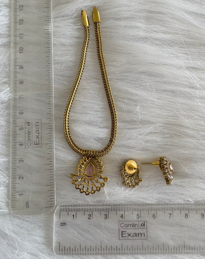 Antique gold tone cz baby pink thilak stone necklace set dj-51211