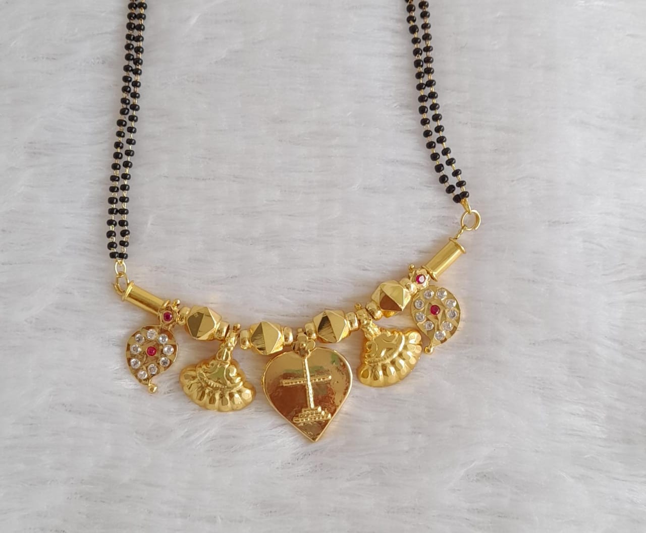 Gold tone 24 inches karimani chain with pink-white stone mango cross mangalyam dj-49667