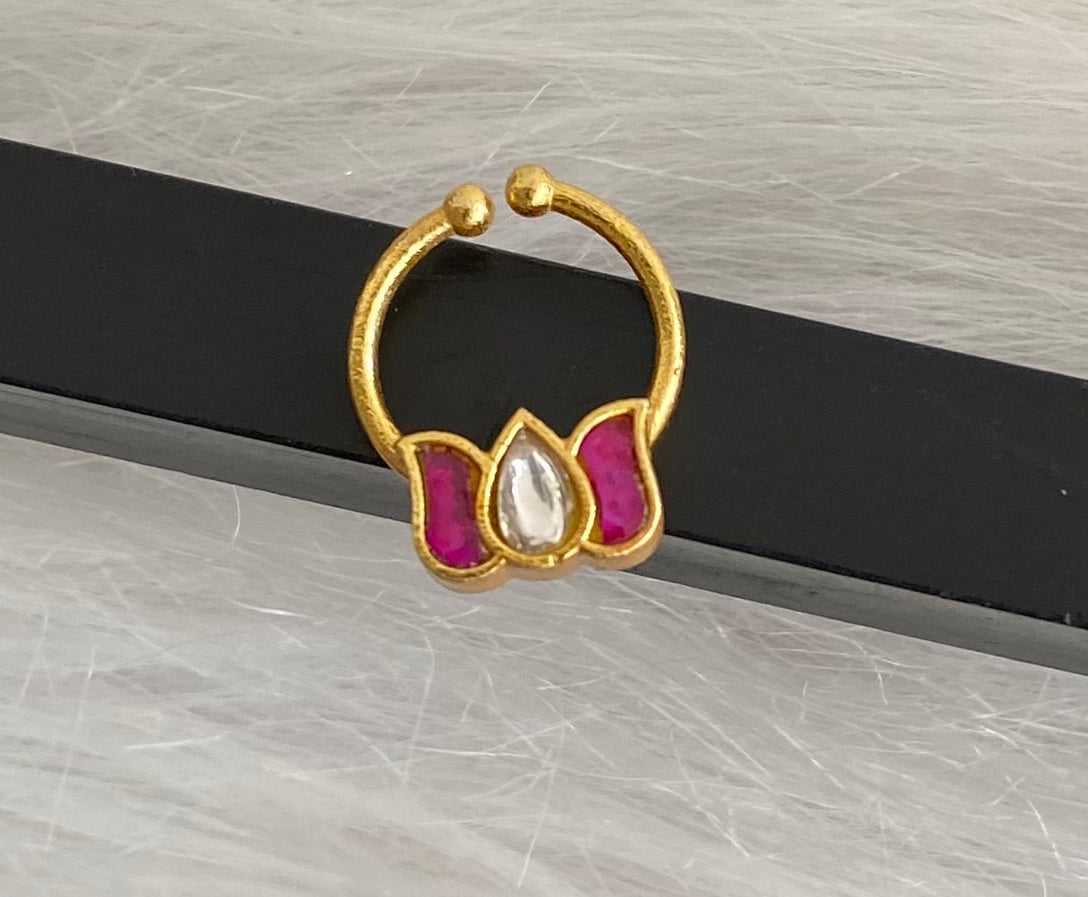 Gold tone kundan jadau pink-white stone lotus nose pin/bulakku dj-53753