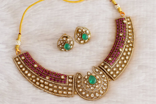 Antique gold tone ruby kundan necklace set dj-53025
