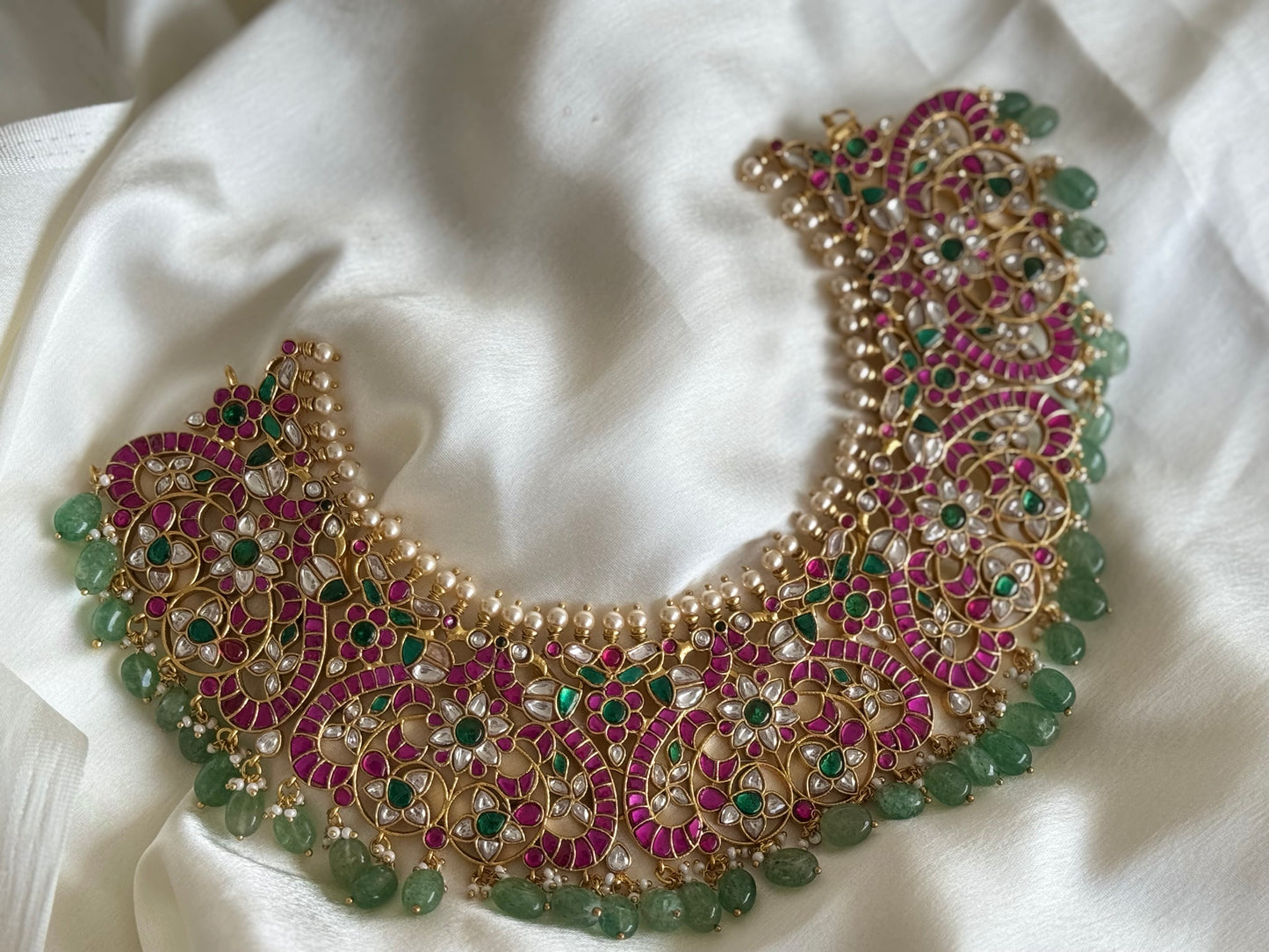 Gold tone pink-green-white kundan jadau peacock bold bridal necklace dj-51551
