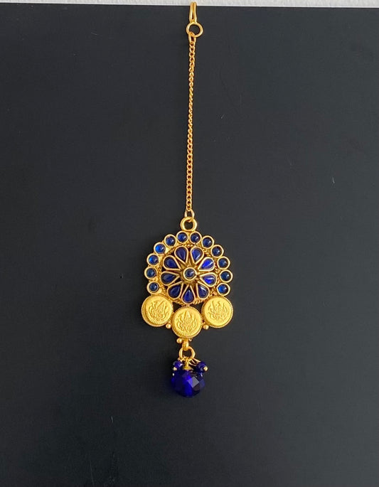 Gold tone blue stone lakshmi coin tikka dj-54793