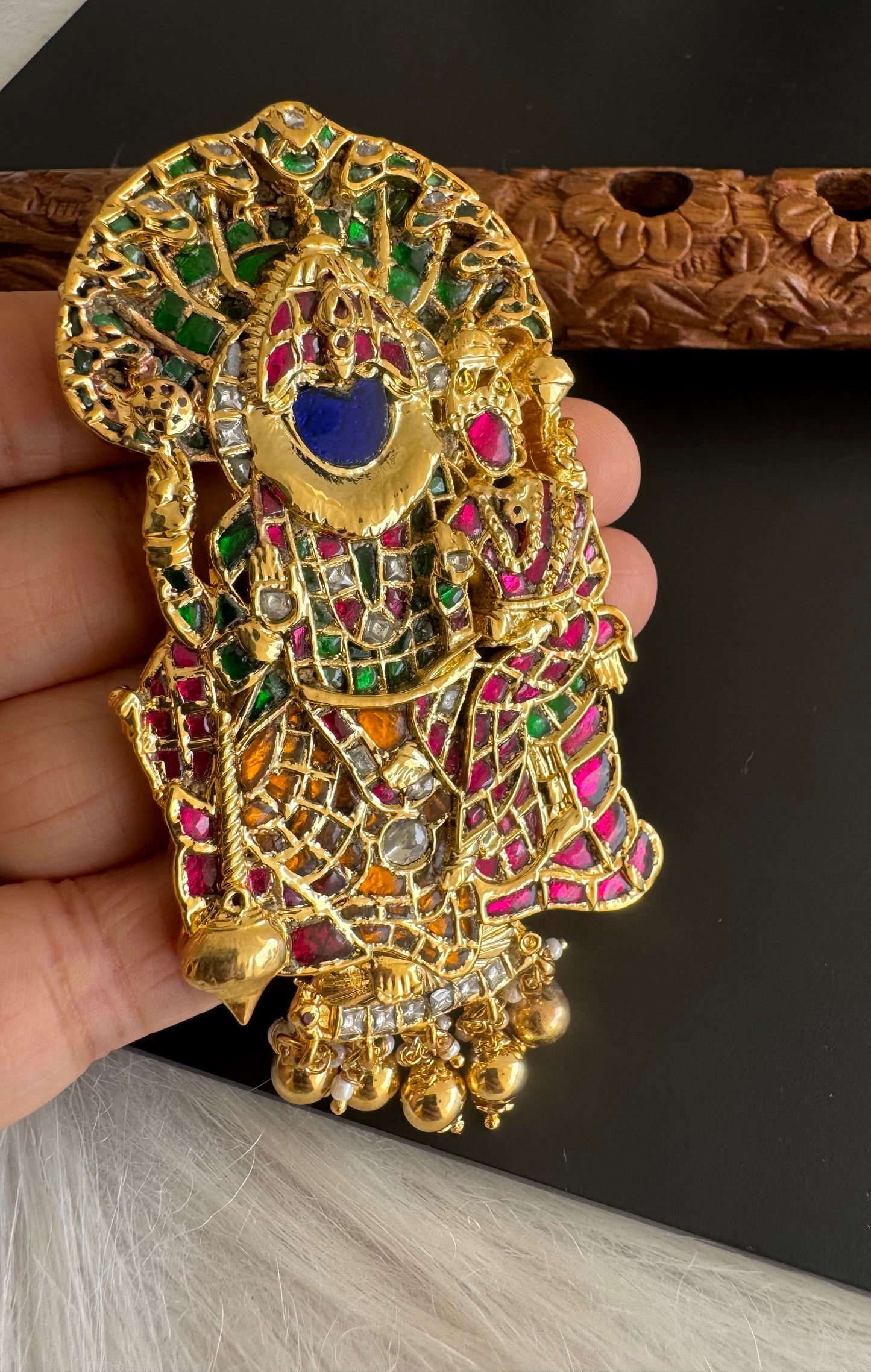 Gold tone Navarathna Narasimmha jadau pendant dj-51329