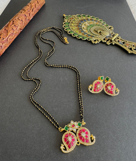 Matte finish pink-green-white kundan jadau mango 24 inches mangalsutra set dj-52235