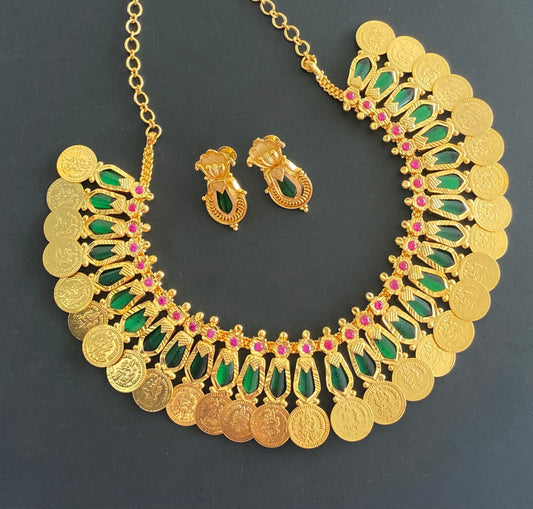 Gold Tone Ruby-green Nagapadam Lakshmi Coin Necklace Set Dj-51121