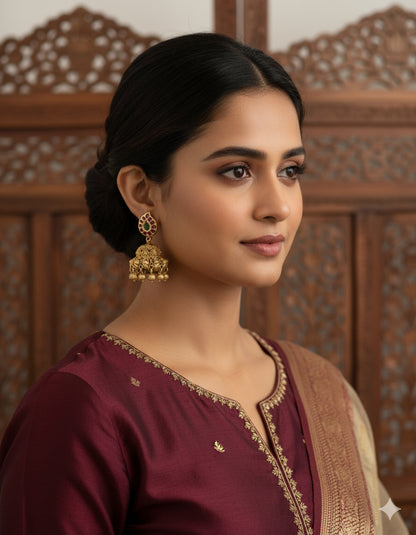 Antique gold tone ruby-green mango-peacock jhumkka dj-51934