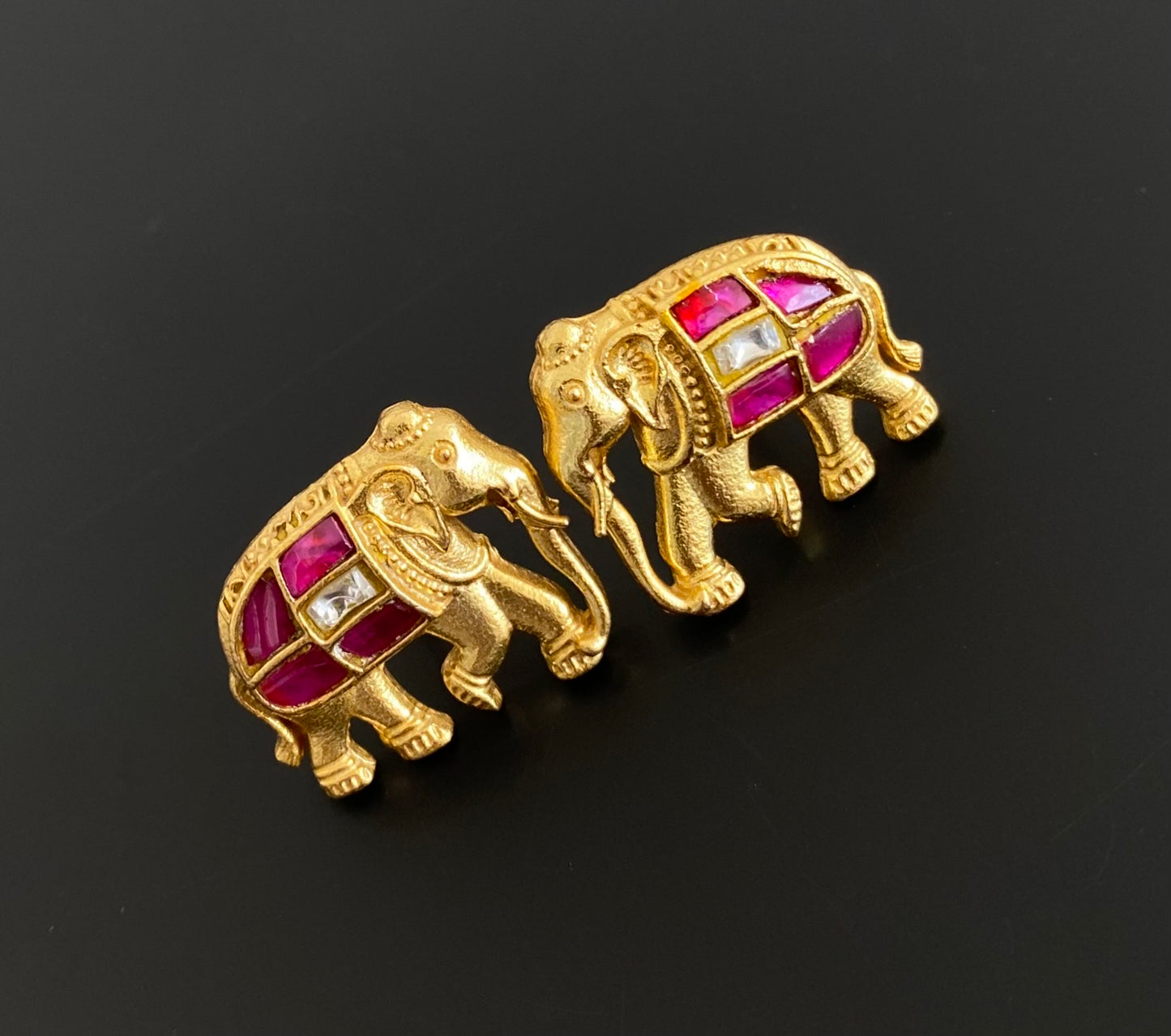 Gold tone pink-white kundan jadau elephant earrings dj-53534