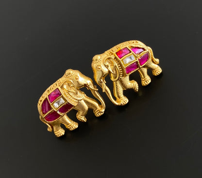 Gold tone pink-white kundan jadau elephant earrings dj-53534