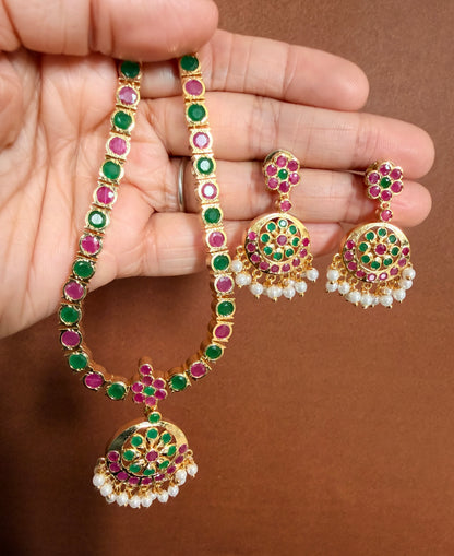 Gold Tone Ruby-emerald South Indian Style Attigai/Necklace Set DJ28350