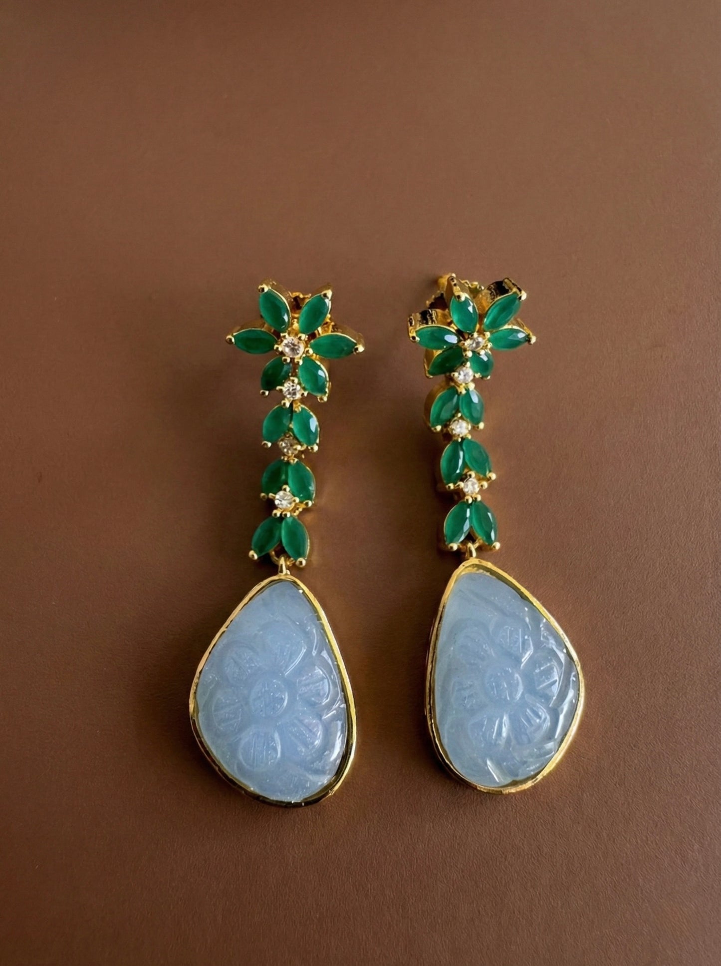 Gold tone green-blue carved stone earrings-dj52586