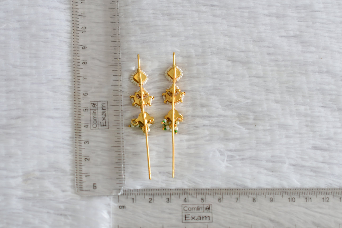 Gold tone pink-green kundan jadau moon bugadi needle earrings dj-52449