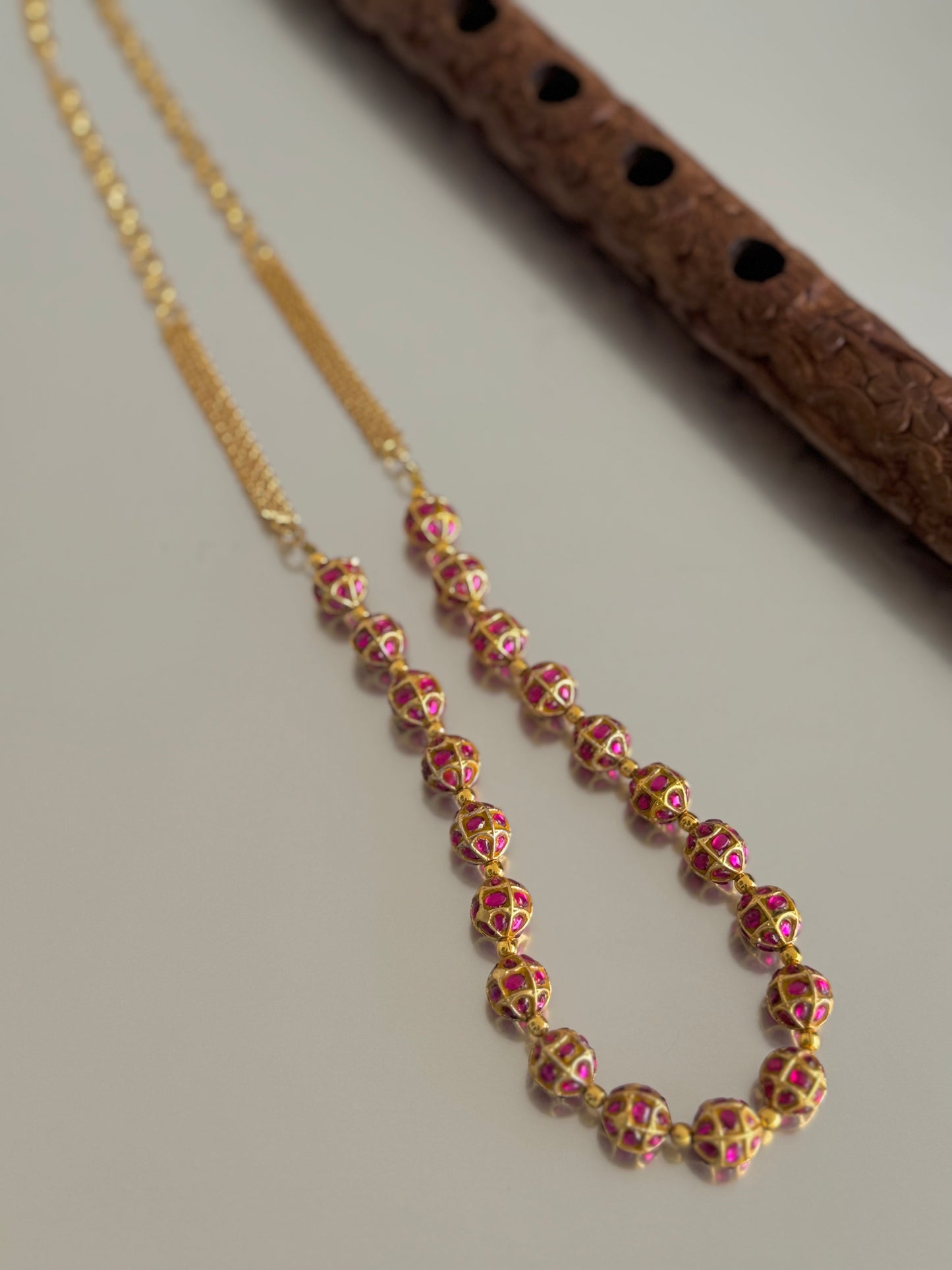Matte finish pink stone jadau beaded chain dj-51511