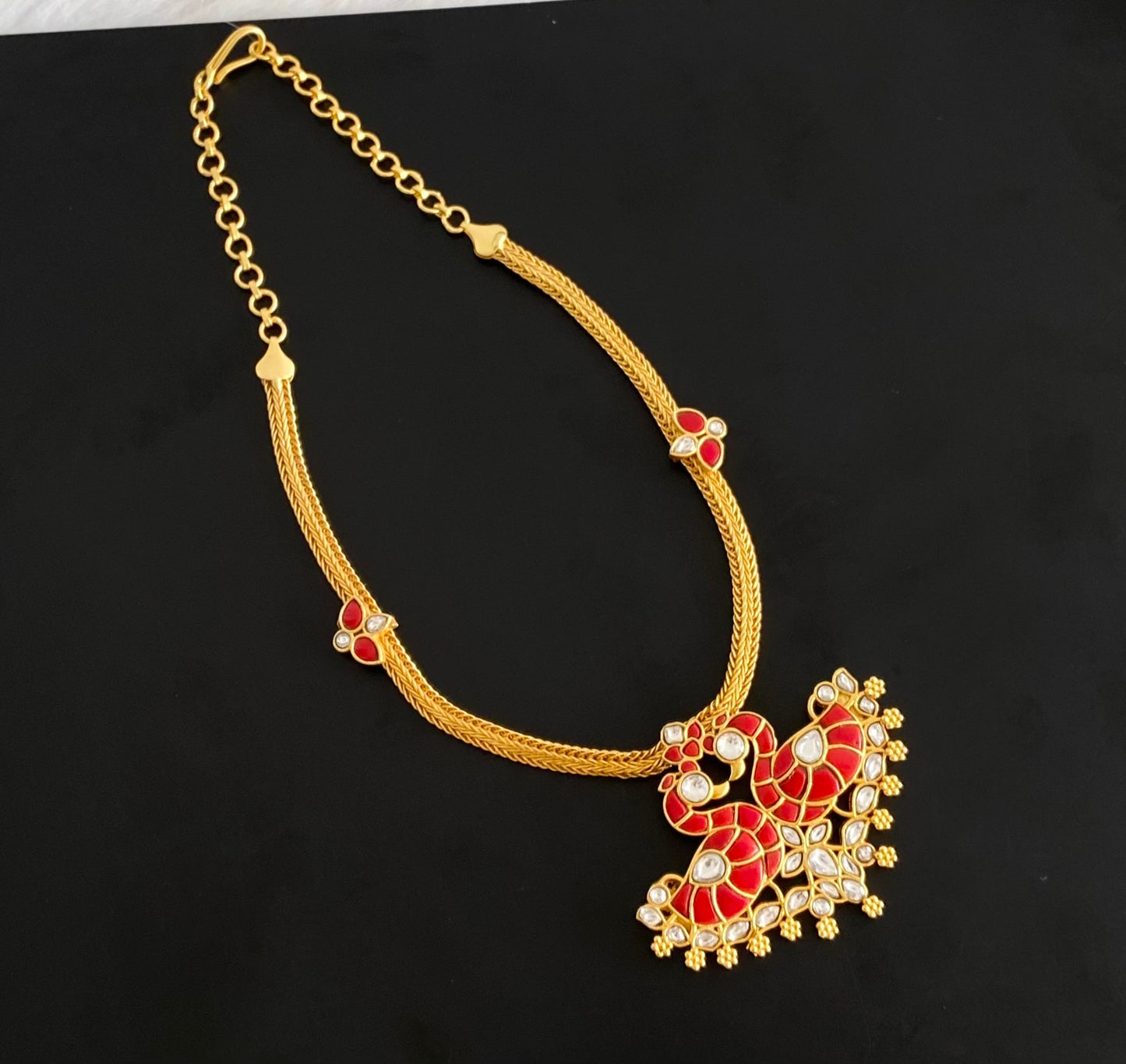 Gold tone coral white stone swan necklace dj-54492