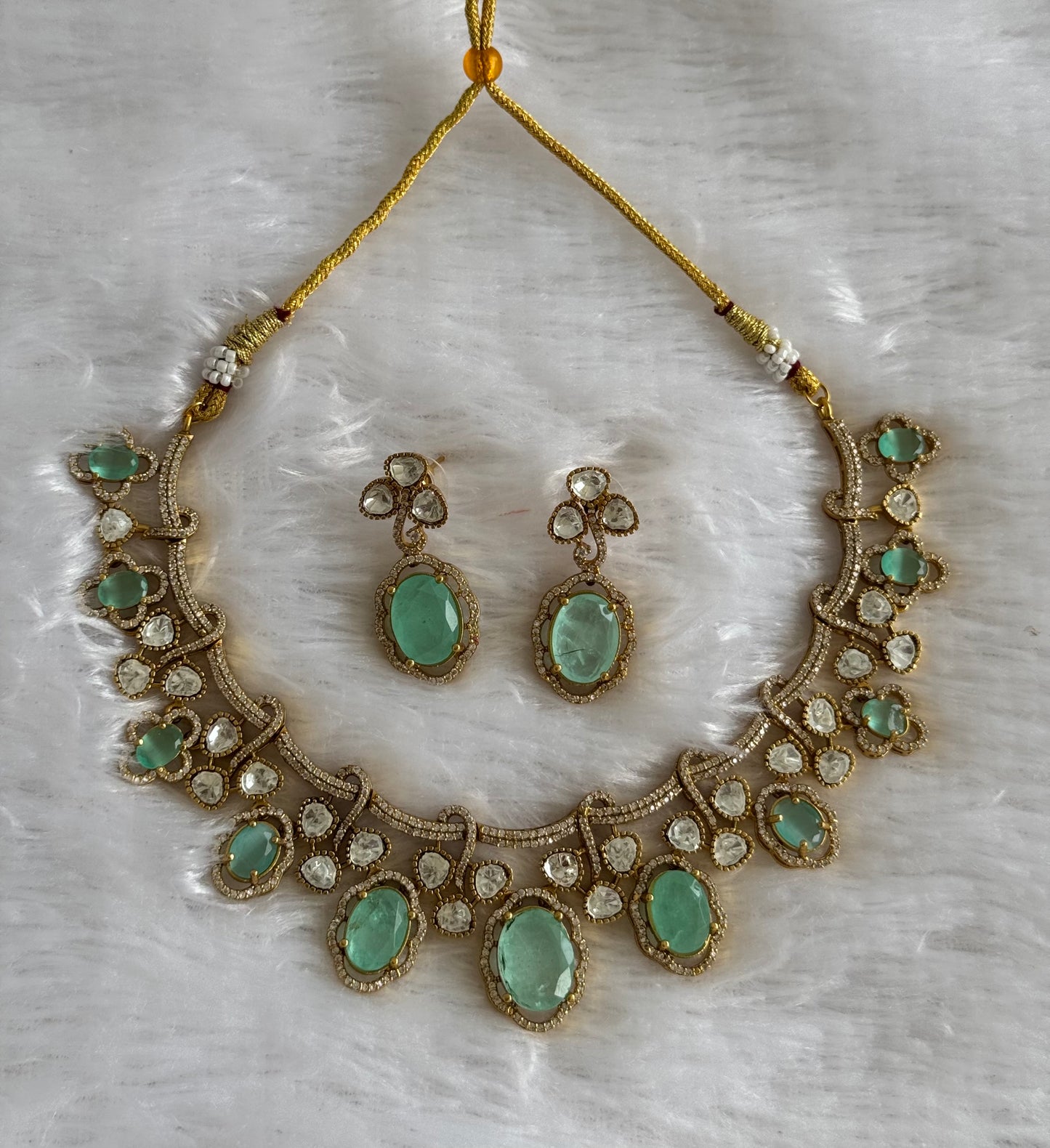 Antique gold tone cz sea green moissanite necklace set dj-51069