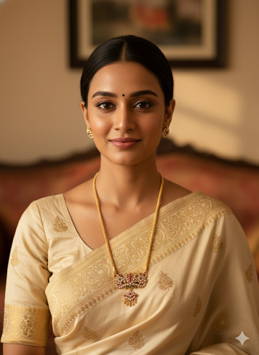 Gold tone AD pink-green nama-shanku-chakra pendant with 24 inches chain dj-51991