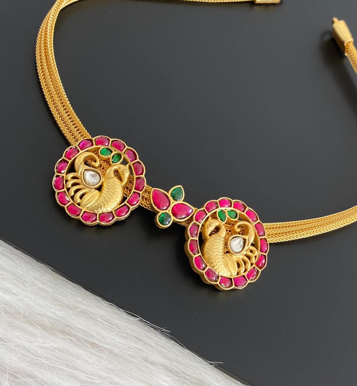 Gold tone kundan jadau pink-green-white swan necklace dj-55019