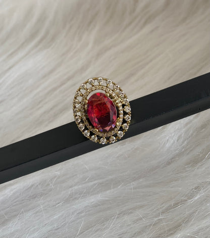 Antique gold tone cz white-maroon stone finger ring dj-55036