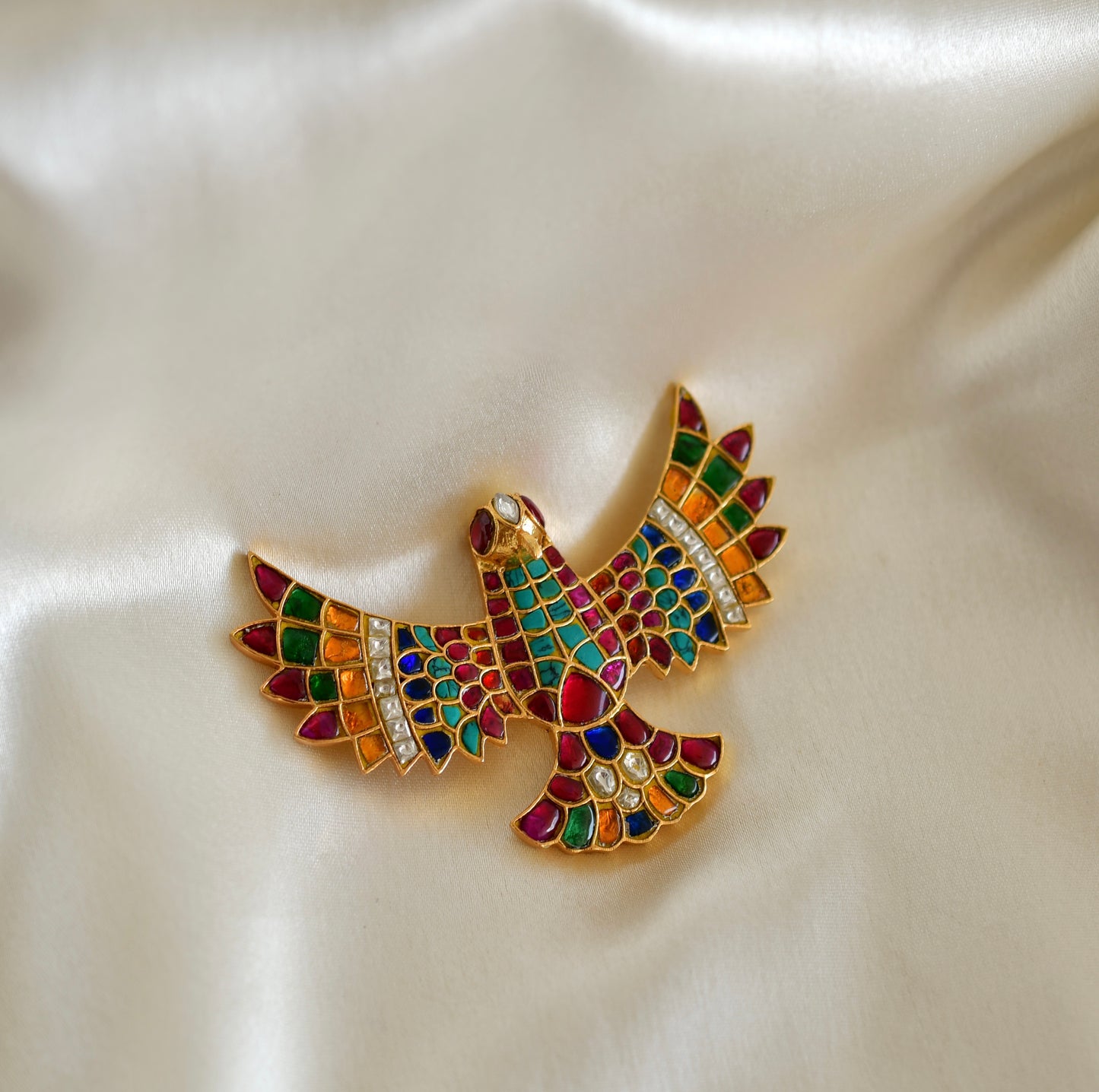 Matte finish Navarathna kundan jadau bird brooch dj-52643