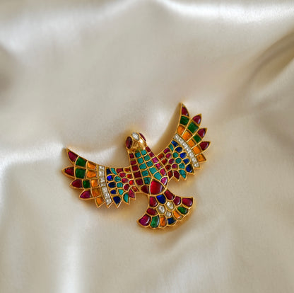 Matte finish Navarathna kundan jadau bird brooch dj-52643