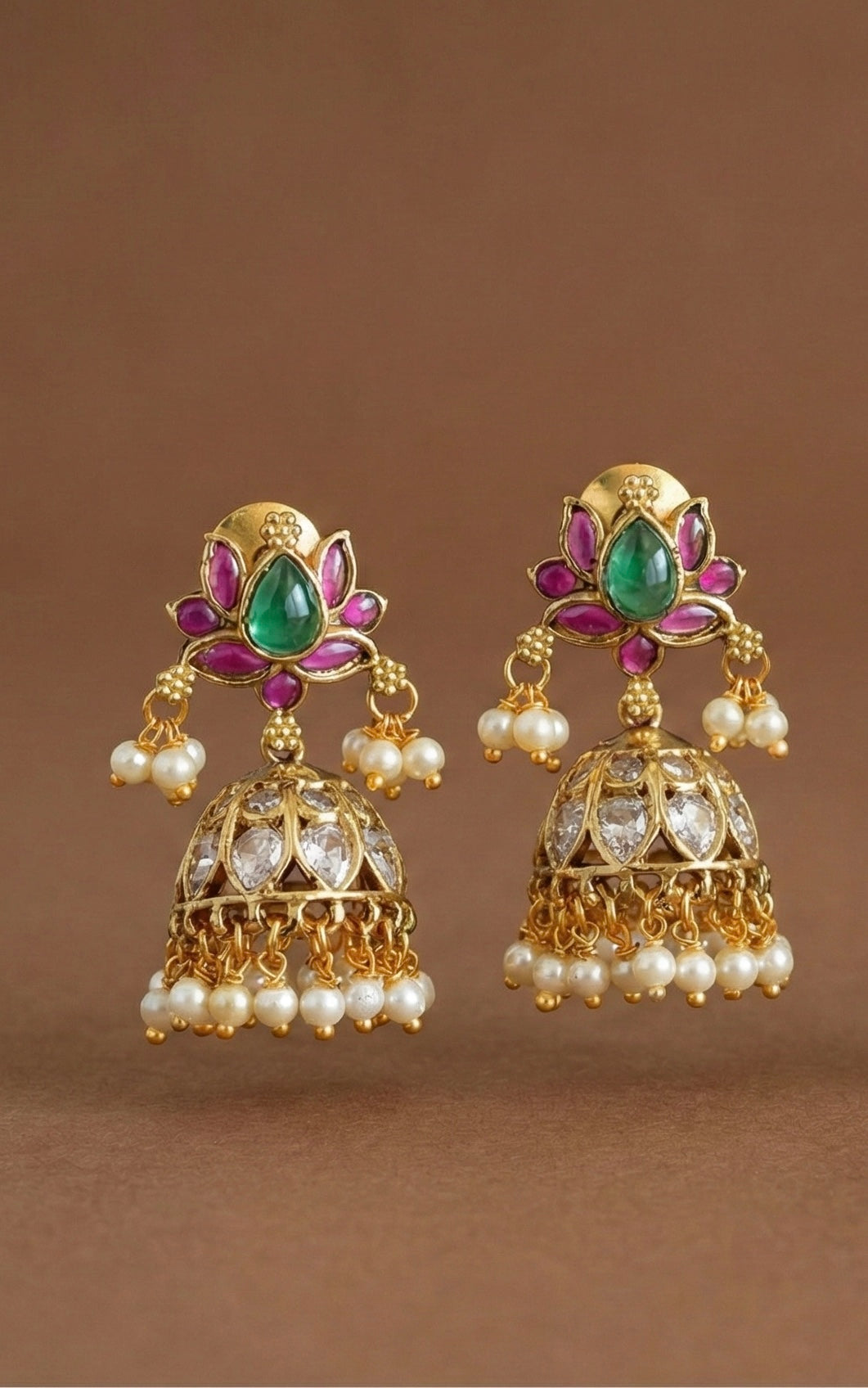 Antique gold tone cz kemp-green lotus jhumkka dj-52548