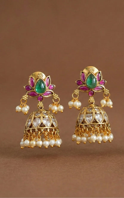 Antique gold tone cz kemp-green lotus jhumkka dj-52548