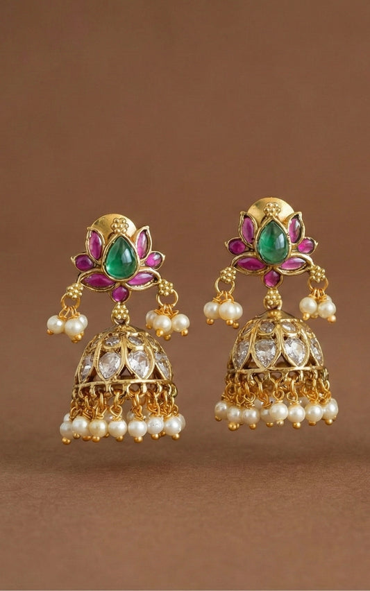 Antique gold tone cz kemp-green lotus jhumkka dj-52548