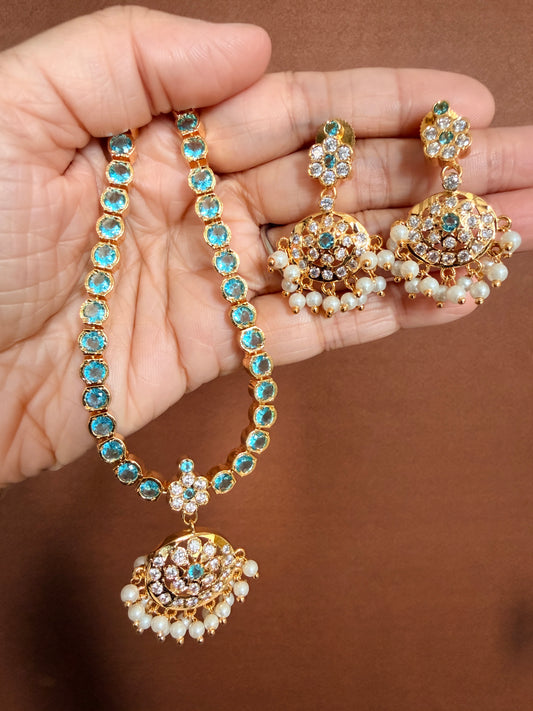 Gold tone AD Cerulean blue south indian style attigai/necklace set dj-51670