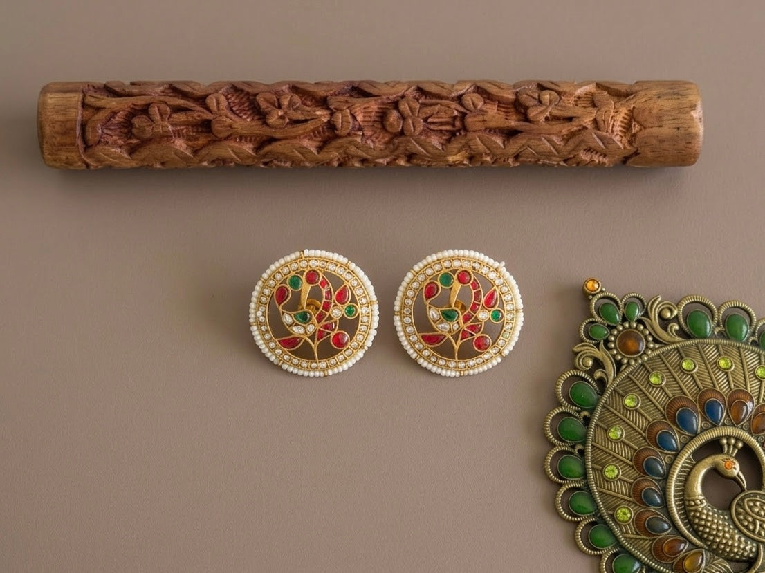 Gold tone pink-white kundan jadau peacock round big stud/earrings dj-51499