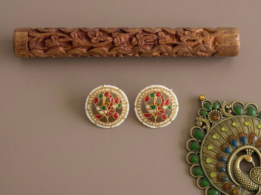 Gold tone pink-white kundan jadau peacock round big stud/earrings dj-51499