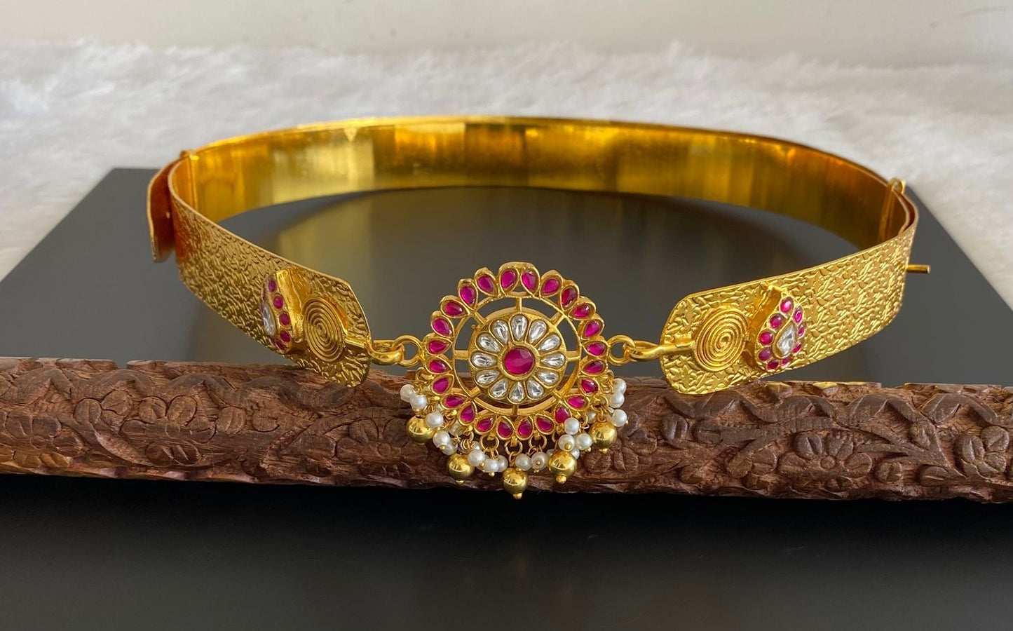 Gold tone pink-green-white kundan jadau flower mango waist band dj-52172