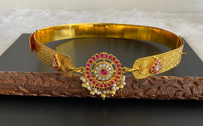 Gold tone pink-green-white kundan jadau flower mango waist band dj-52172