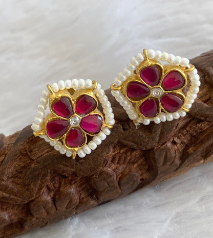 Gold tone pink-white pearl kundan jadau flower stud/earrings dj-53549