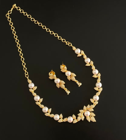 Gold tone cz white stone pearl necklace set dj-54343