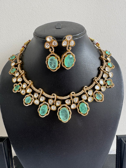 Antique gold tone cz sea green moissanite necklace set dj-51069
