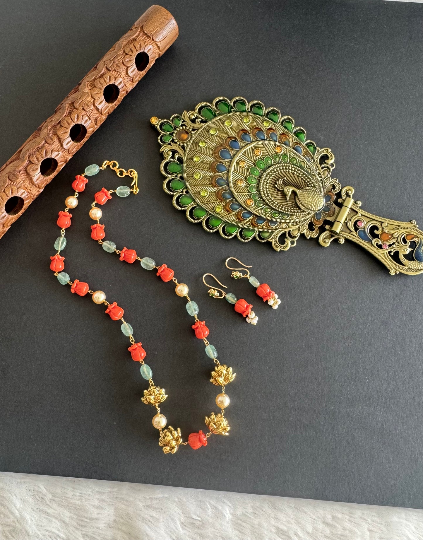 Matte finish coral-green-pearl lotus beaded necklace set dj-52084