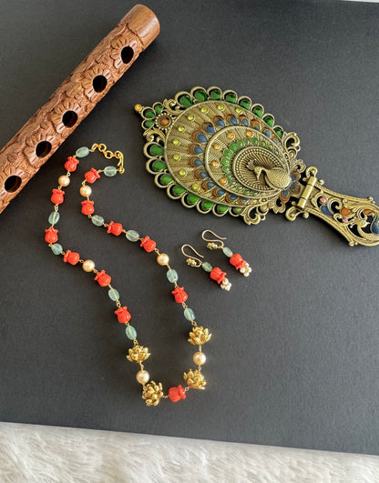 Matte finish coral-green-pearl lotus beaded necklace set dj-52084