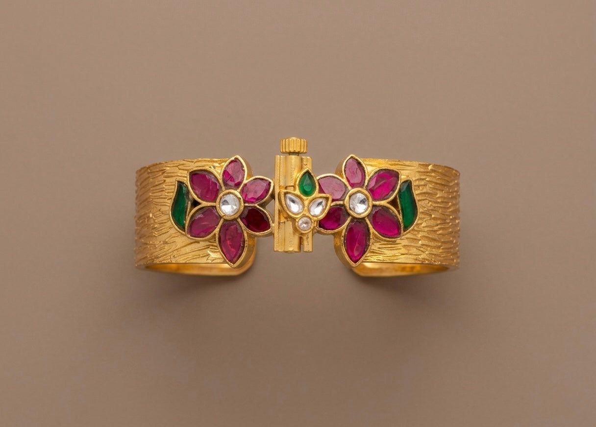 Matte finish pink-green-white Kundan jadau flower screw type kada(2.6) dj-53510