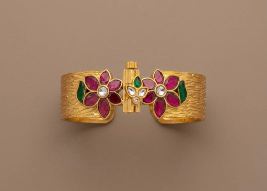 Matte finish pink-green-white Kundan jadau flower screw type kada(2.6) dj-53510