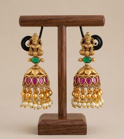 Antique gold tone kemp-green-white pearl lakshmi jhumkka dj-53567