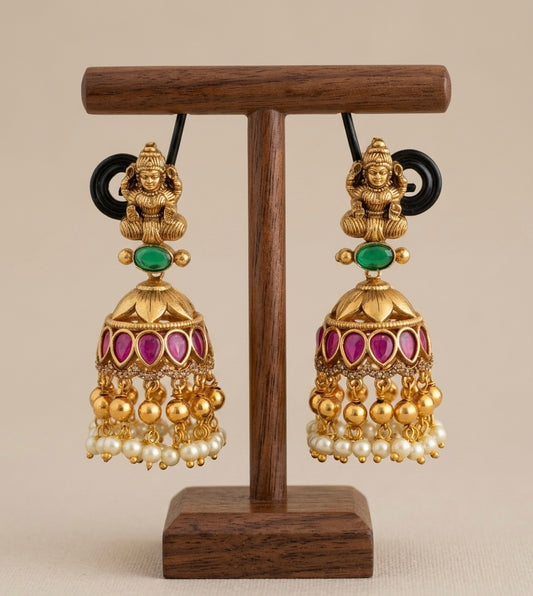 Antique gold tone kemp-green-white pearl lakshmi jhumkka dj-53567