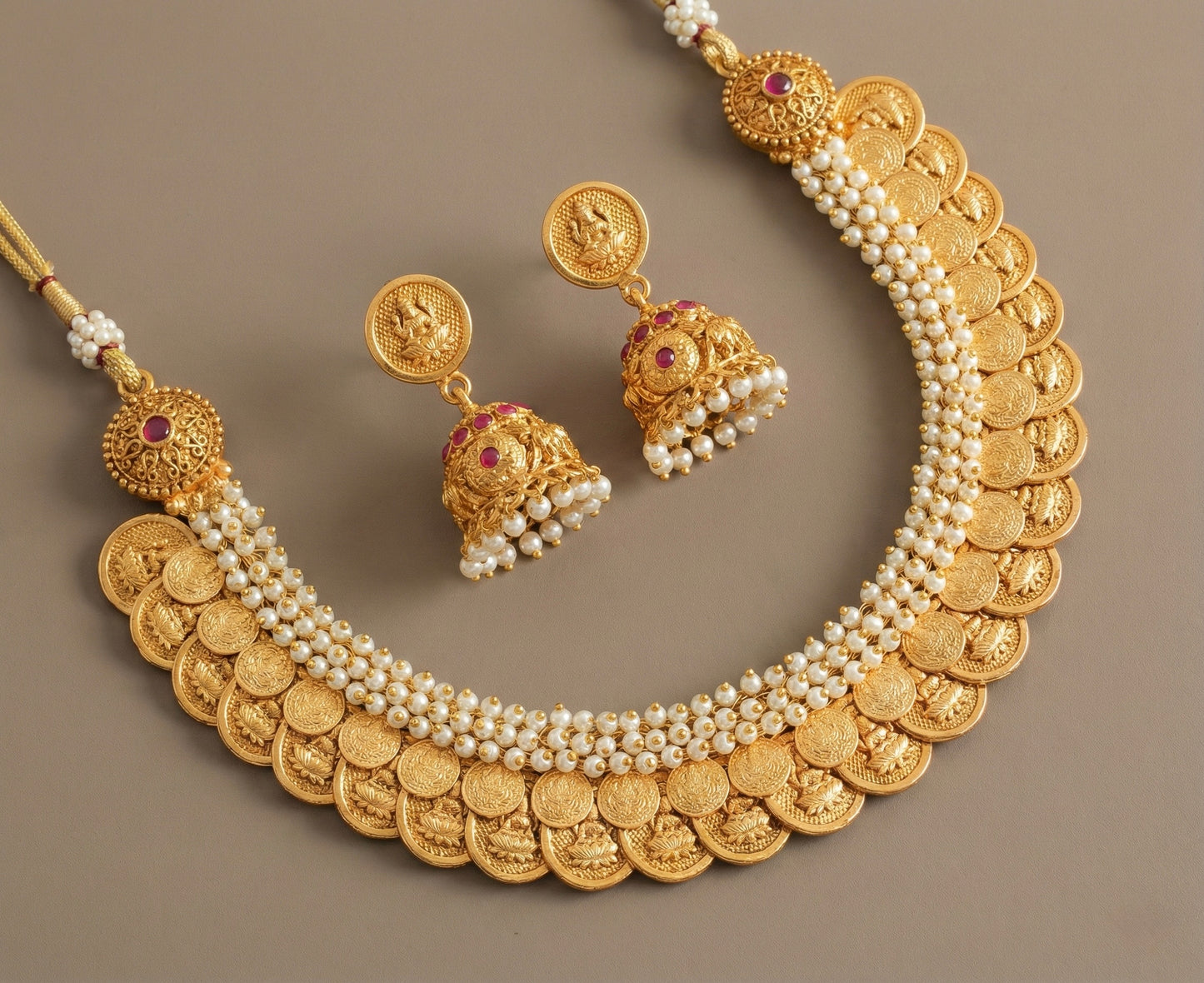 Matte Finish Ruby-pearl Double Layer Lakshmi Coin Necklace Set DJ27201