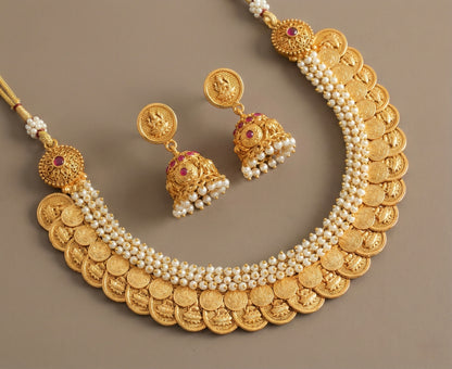 Matte Finish Ruby-pearl Double Layer Lakshmi Coin Necklace Set DJ27201