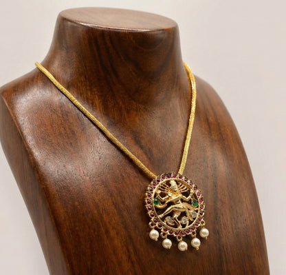 Gold tone precious kemp-green pearl Shri Natarajar necklace dj-52254