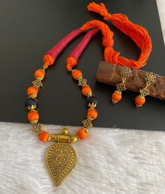 Antique gold tone orange-black silk thread beaded necklace Set dj-52922