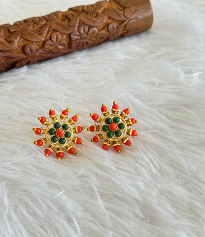 Gold tone coral-green round beaded stud/earrings dj-51599
